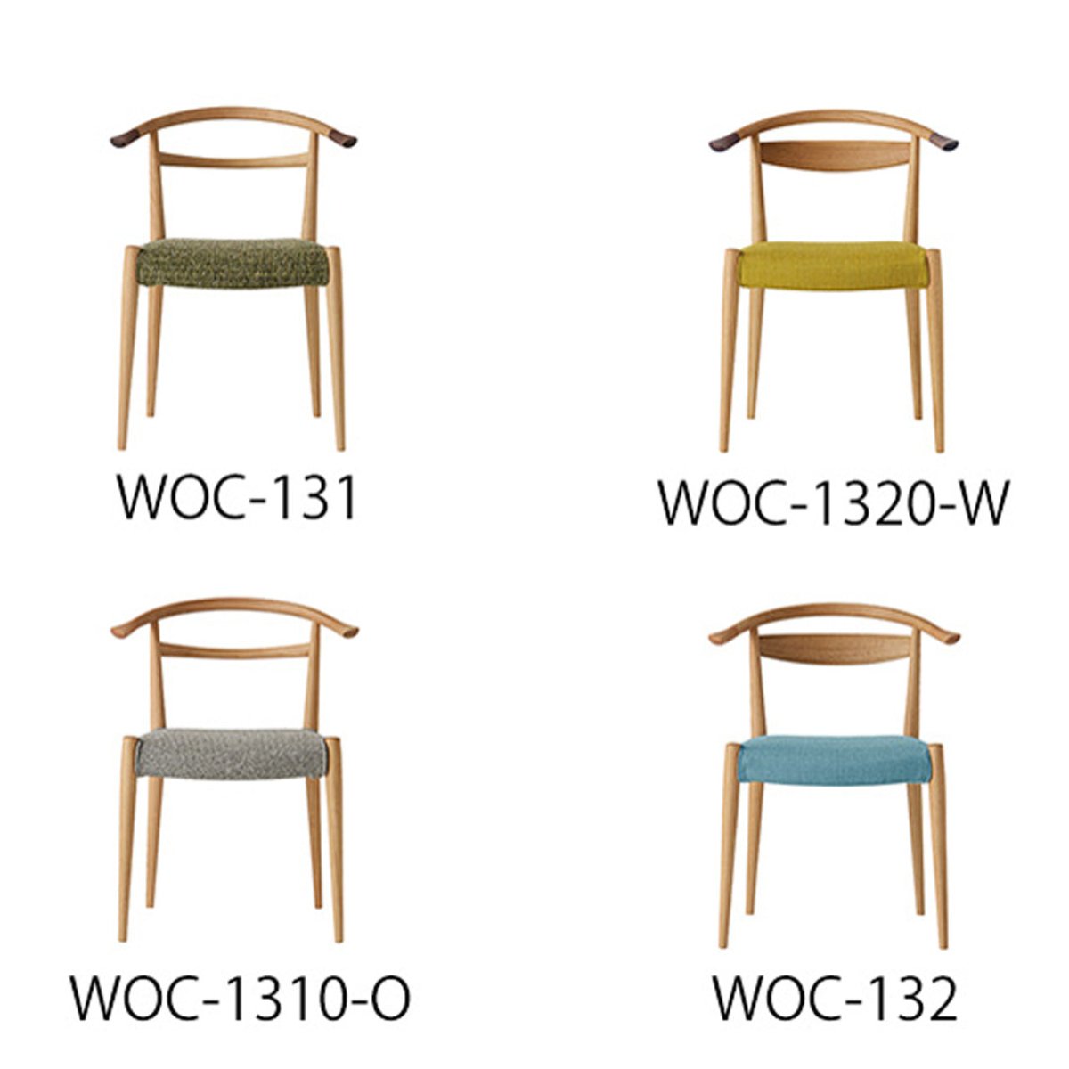 日進木工のWOC-131、WOC-1320-W、WOC-1310-O、WOC-132の4型を比較した画像、WhiteWood（ホワイトウッド）シリーズの椅子

